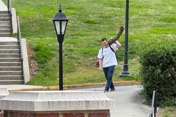 Kent Bero carrying a large log over his shoulder